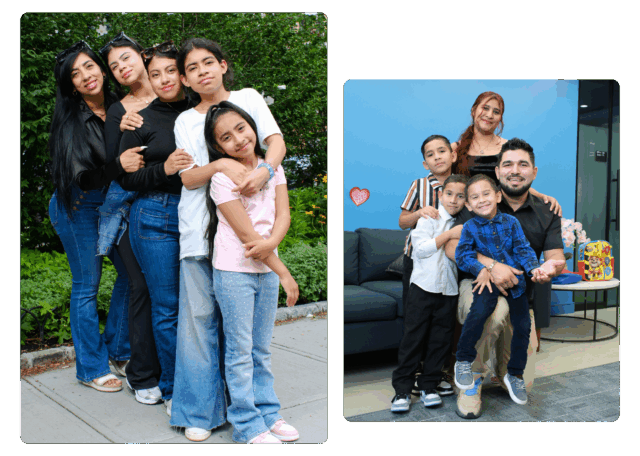 Two families, one a mother with children and the other a mother and father with young children